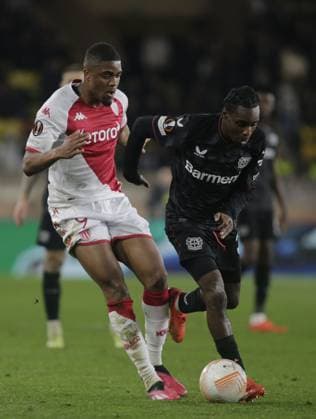 Myron Boadu of As Monaco and Jeremie Frimpong of Bayer 04 Leverkusen during the Uefa Europa League, football match between As Monaco and Bayer 04 Leverkusen,on 23 February 2023 at State Luis II in Monaco, Photo Ndrerim Kaceli  Copyright: xNderimxKaceli LiveMediax xipa-agx xLivexMediax 0 IPA_IPA36304732
