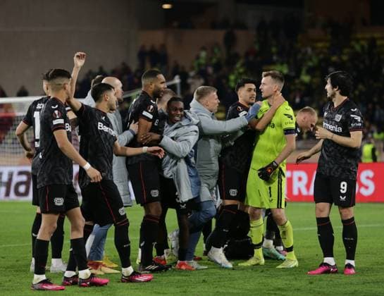 Bayer Leverkusen players celebrating after wining the penallty kick off during the Uefa Europa League, football match between As Monaco and Bayer 04 Leverkusen,on 23 February 2023 at State Luis II in Monaco, Photo Ndrerim Kaceli  Copyright: xNderimxKaceli LiveMediax xipa-agx xLivexMediax 0 IPA_IPA36305042