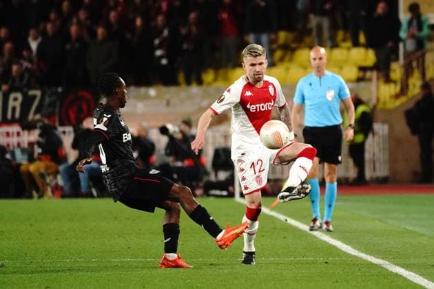 Caio Henrique (AS Monaco) - JÃ rÃ mie Frimpong (Bayer 04 Leverkusen) FOOTBALL : AS Monaco vs Bayer 04 Leverkusen - League Europa - Monaco - 23 02 2023 NorbertScanella Panoramic 