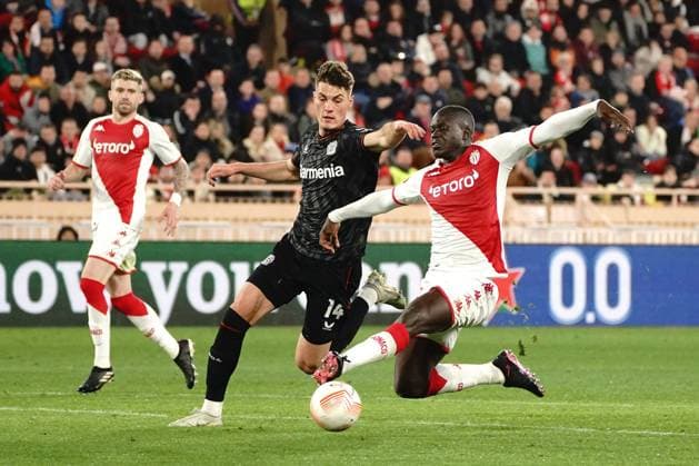 Malang Sarr (AS Monaco) - Patrik Schick (Bayer 04 Leverkusen) FOOTBALL : AS Monaco vs Bayer 04 Leverkusen - League Europa - Monaco - 23 02 2023 NorbertScanella Panoramic 