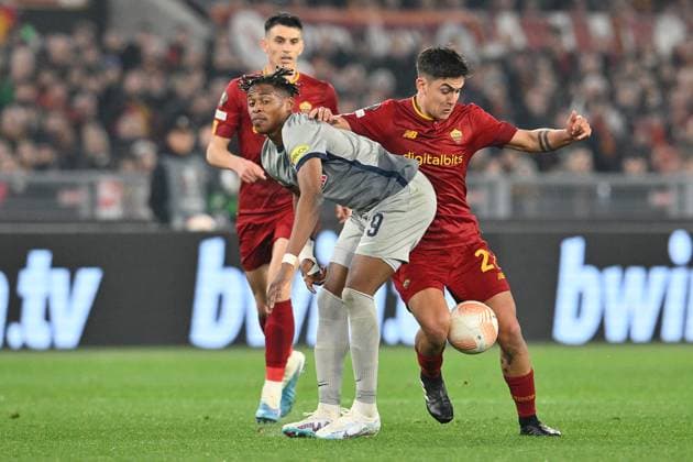 23rd February 2023, Stadio Olimpico, Rome, Italy; Europa League Football; Roma versus FC Red Bull Salzburg; Chukwubuike Adamu of FC Salzburg and Paulo Dybala of AS Roma  ActionPlus12479572 AllShotLive