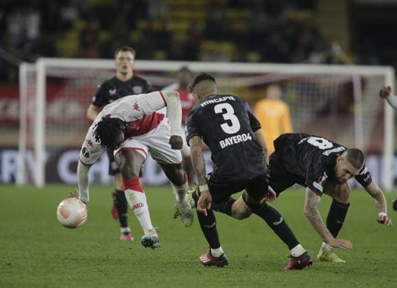 February 23, 2023, Monaco, Principality of Monaco: Breel Embolo of As Monaco and Piero Hincapie of Bayer 04 Leverkusen during the Uefa Europa League, football match between As Monaco and Bayer 04 Leverkusen,on 23 February 2023 at State Luis II in Monaco, Photo Ndrerim Kaceli. football Europa League match - AS Monaco vs Bayer Leverkusen, Monaco, Principality of Monaco  - ZUMAl164 20230223_zsa_l164_273 Copyright: xNderimxKacelix