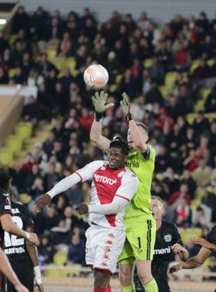 February 23, 2023, Monaco, Principality of Monaco: Breel Embolo of As Monaco and Lukas Hradecky of Bayer 04 Leverkusen during the Uefa Europa League, football match between As Monaco and Bayer 04 Leverkusen,on 23 February 2023 at State Luis II in Monaco, Photo Ndrerim Kaceli. football Europa League match - AS Monaco vs Bayer Leverkusen, Monaco, Principality of Monaco  - ZUMAl164 20230223_zsa_l164_307 Copyright: xNderimxKacelix