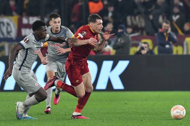 Soccer, Europa League match AS Roma v FC Salzburg Lucas Gourna-Douath of Red Bull Salzburg,Andrea Belotti of AS Roma during the Uefa Europa League match AS Roma v FC Salzburg at Olimpico stadium in Rome, Italy, 23rd February 2023. Imago-Images Emmefoto Copyright: xImago-Images Emmefotox