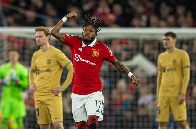 (230224) -- MANCHESTER, Feb. 24, 2023 -- Manchester United, ManU s Fred celebrates after scoring his side s first goal during the UEFA Europa League play-off 2nd leg match between Manchester United and Barcelona in Manchester, Britain, Feb. 23, 2023. (SP)BRITAIN-MANCHESTER-FOOTBALL-UEFA EUROPA LEAGUE-MANCHESTER UNITED VS BARCELONA LixYing 