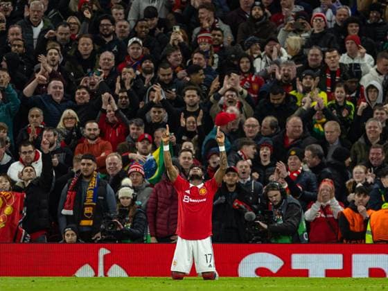 (230224) -- MANCHESTER, Feb. 24, 2023 -- Manchester United, ManU s Fred celebrates after scoring his side s first goal during the UEFA Europa League play-off 2nd leg match between Manchester United and Barcelona in Manchester, Britain, Feb. 23, 2023. (SP)BRITAIN-MANCHESTER-FOOTBALL-UEFA EUROPA LEAGUE-MANCHESTER UNITED VS BARCELONA LixYing 