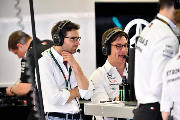 24 02 2023, Bahrain International Circuit, Sakhir, Formula 1 test drives in Bahrain 2023 , in picture team boss and managing director Toto Wolff Mercedes AMG Petronas F1 Team , race driver Jerome d Ambrosio Sakhir Bahrain International Circuit Bahrain  eu-images-506