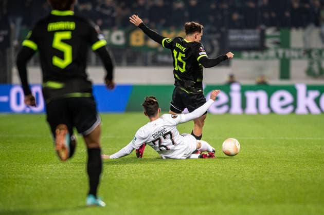 FC Midtjylland v Sporting CP, UEFA Europa League football, Herning, Denmark Herning, Denmark. 23rd, February 2023. Armin Gigovic (37) of FC Midtjylland and Manuel Ugarte (15) of Sporting CP seen during the UEFA Europa League match between FC Midtjylland and Sporting CP at MCH Arena in Herning. Herning Denmark  Copyright: xGonzalesxPhoto MortenxKjaerx
