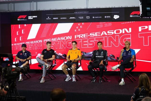 press conference, PK, Pressekonferenz TSUNODA Yuki (jap), Scuderia AlphaTauri AT04, HULKENBERG Nico (ger), Haas F1 Team VF-23 Ferrari, PIASTRI Oscar (aus), McLaren F1 Team MCL60, RUSSELL George (gbr), Mercedes AMG F1 Team W14, ALBON Alexander (tha), Williams Racing FW45, during the Formula 1 Aramco pre-season testing 2023 of the 2023 FIA Formula One World Championship, WM, Weltmeisterschaft from February 23 to 25, 2023 on the Bahrain International Circuit, in Sakhir, Bahrain - F1 - PRE-SEASON TESTING 2023 - BAHRAIN DPPI Panoramic 20230224_GOOD6482
