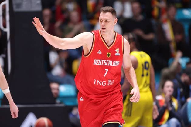 Germany Sweden, World Cup Qualifier Johannes Voigtmann Germany, 7 Basketball World Cup Qualifier between Germany and Sweden on February 24, 2023 at Süwag Energie ARENA in Frankfurt am Main , Frankfurt am Main Hesse Germany Süwag Energie ARENA