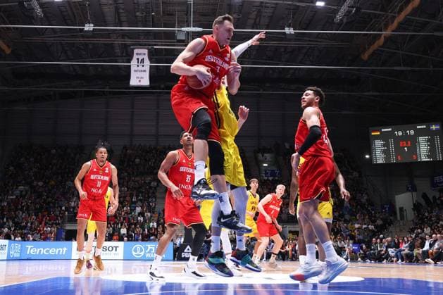 Germany Sweden, World Cup Qualification Rebound by Johannes Voigtmann Germany, 7 Basketball World Cup qualifying match between Germany and Sweden on February 24, 2023 at Süwag Energie ARENA in Frankfurt am Main , Frankfurt am Main Hesse Germany Süwag Energie ARENA