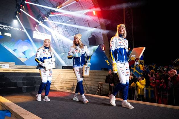 230224 Silver medalist Emma Ribom, gold medalist Jonna Sundling and bronze medalist Maja Dahlqvist at the Medal ceremony for the women?s cross country skiing sprint of the FIS Nordic Ski World Championships on February 24, 2023 in Kranjska Gora Photo Petter Arvidson BILDBYRAN code PA PA0519 skiing cross country skiing cross country ski world championships 2023 fis Nordic ski world championships bbeng fis Nordic world ski championships wm ski wm medal ceremony medal ceremony,  Copyright: PETTERxARVIDSON BB230224PA175