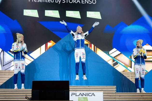 230224 Silver medalist Emma Ribom, gold medalist Jonna Sundling and bronze medalist Maja Dahlqvist at the Medal ceremony for the women?s cross country skiing sprint of the FIS Nordic Ski World Championships on February 24, 2023 in Kranjska Gora Photo Petter Arvidson BILDBYRAN code PA PA0519 skiing cross country skiing cross country ski world championships 2023 fis Nordic ski world championships bbeng fis Nordic world ski championships wm ski wm medal ceremony medal ceremony,  Copyright: PETTERxARVIDSON BB230224PA176