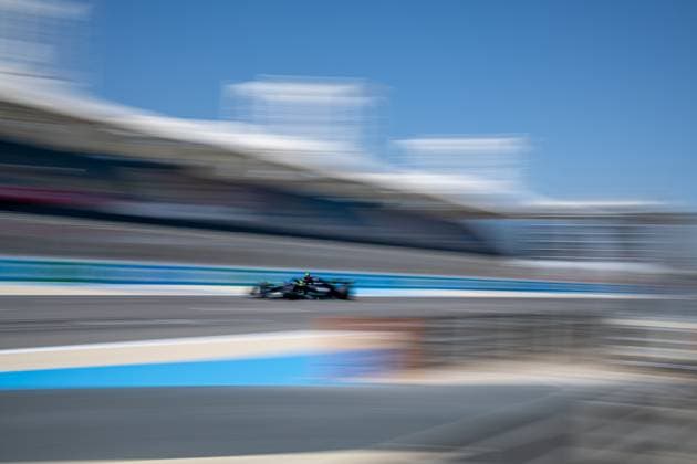 SAKHIR, BAHRAIN: Lewis Hamilton, racing for the Mercedes AMG team during the 2023 Formula 1 Bahrain Testing at the Bahrain International Circuit in Sakhir, Bahrain.