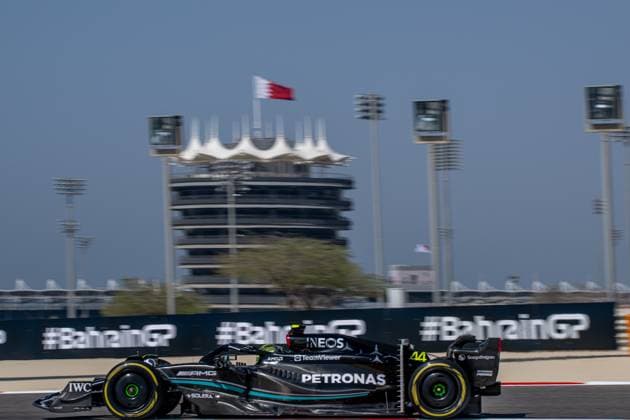 SAKHIR, BAHRAIN: Lewis Hamilton, racing for the Mercedes AMG team during the 2023 Formula 1 Bahrain Testing at the Bahrain International Circuit in Sakhir, Bahrain.