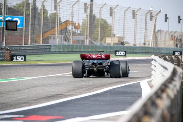 SAKHIR, BAHRAIN: Lewis Hamilton, racing for the Mercedes AMG team during the 2023 Formula 1 Bahrain Testing at the Bahrain International Circuit in Sakhir, Bahrain.