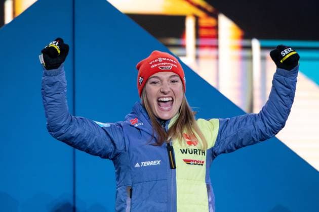 World champion Katharina Althaus Germany cheers on the podium for victory and gold medal in ski jumping from HS102 normal hill, SLO, FIS Nordic World Ski Championships Planica 2023, World Championships award ceremony Kranjska Gora, 24 02 2023, season 2022 2023 SLO, FIS Nordic World Ski Championships Planica 2023, World Championships award ceremony Kranjska Gora, 24 02 2023, season 2022 2023 Planica Copyright: xEibner Memmlerx EP_MMR