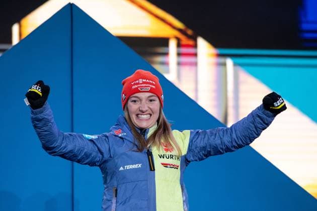 World champion Katharina Althaus Germany cheers on the podium for victory and gold medal in ski jumping from HS102 normal hill, SLO, FIS Nordic World Ski Championships Planica 2023, World Championships award ceremony Kranjska Gora, 24 02 2023, season 2022 2023 SLO, FIS Nordic World Ski Championships Planica 2023, World Championships award ceremony Kranjska Gora, 24 02 2023, season 2022 2023 Planica Copyright: xEibner Memmlerx EP_MMR