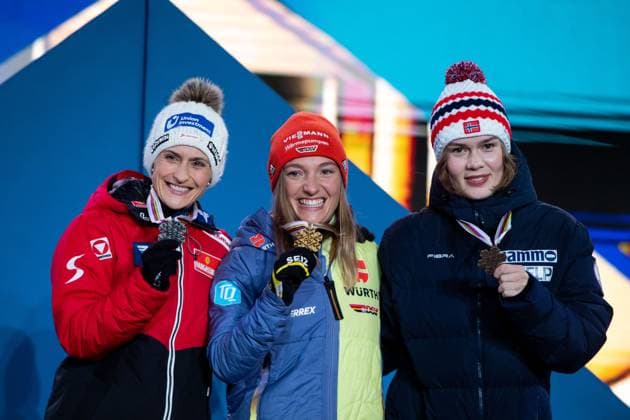 World champion Katharina Althaus Germany, center, on the podium celebrating victory and gold medal in ski jumping from HS102 normal hill, next to her Eva Pinkelnig Austria , Anna Odine Stroem Norway , SLO, FIS Nordic World Ski Championships Planica 2023, World Championship award ceremony Kranjska Gora, 24 02 2023, season 2022 2023 SLO, FIS Nordic World Ski Championships Planica 2023, World Championship award ceremony Kranjska Gora, 24 02 2023, season 2022 2023 Planica Copyright: xEibner Memmlerx EP_MMR