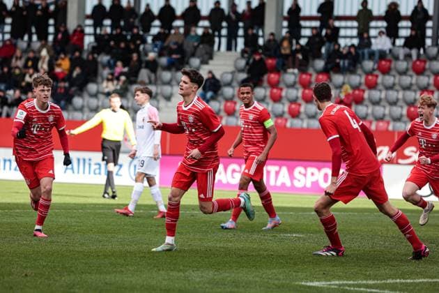 A Junioren Bundesliga Sued Suedwest FC Bayern Muenchen U19 FC Augsburg U19 25 02 2023 Bayern cheers after Luka KLANAC FCB 9 scored to 2 0 Copyright: xBEAUTIFULxSPORTS Goldbergx