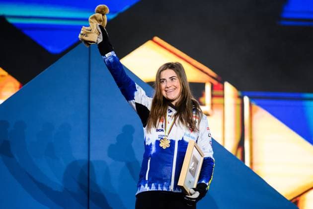 230225 Gold medalist Ebba Andersson celebrates at the Medal ceremony for the women?s cross country skiing skiathlon during the FIS Nordic Ski World Championships on February 25, 2023 in Kranjska Gora Photo Petter Arvidson BILDBYRAN code PA PA0521 skis cross country skiing cross country ski world championships 2023 fis nordic ski world championships bbeng fis nordic world ski championships wm ski wm medal ceremony medal ceremony jubel,  Copyright: PETTERxARVIDSON BB230225PA162