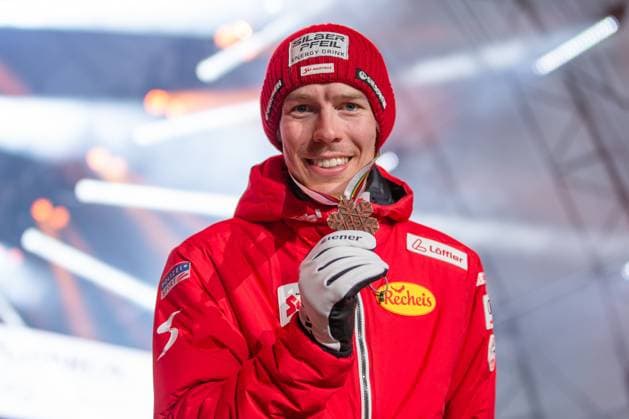 NORDIC SKIING - FIS Nordic WC Planica 2023 KRANJSKA GORA,SLOVENIA,25.FEB.23 - NORDIC SKIING, Ski jumping, Skispringen, Ski, nordisch - FIS Nordic World Ski Championships, medal plaza, award ceremony. Image shows Franz-Josef Rehrl (AUT).  GEPAxpictures xGintarexKarpaviciute