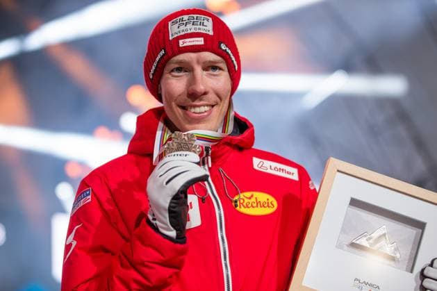 NORDIC SKIING - FIS Nordic WC Planica 2023 KRANJSKA GORA,SLOVENIA,25.FEB.23 - NORDIC SKIING, Ski jumping, Skispringen, Ski, nordisch - FIS Nordic World Ski Championships, medal plaza, award ceremony. Image shows Franz-Josef Rehrl (AUT).  GEPAxpictures xGintarexKarpaviciute