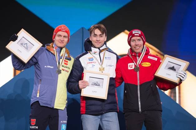 NORDIC SKIING - FIS Nordic WC Planica 2023 KRANJSKA GORA,SLOVENIA,25.FEB.23 - NORDIC SKIING, Ski jumping, Skispringen, Ski, nordisch - FIS Nordic World Ski Championships, medal plaza, award ceremony. Image shows Julian Schmid (GER), Magnus Jarl Riiber (NOR) and Franz-Josef Rehrl (AUT).  GEPAxpictures xGintarexKarpaviciute