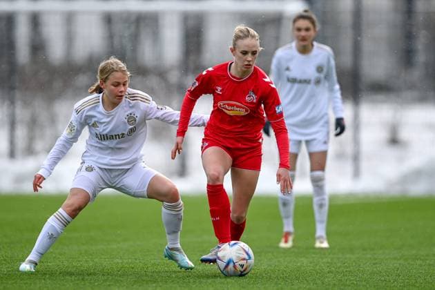 v li Greta Hünten FCB, 6 Carolin Elsen Cologne, 19 in duel, duel, tackle, dynamics, action, action, 26 02 2023, Munich Germany , Football,2 Women Bundesliga, FC Bayern Munich II 1 FC Cologne II, DFB DFL REGULATIONS PROHIBIT ANY USE OF PHOTOGRAPHS AS IMAGE SEQUENCES AND OR QUASI VIDEO xslx
