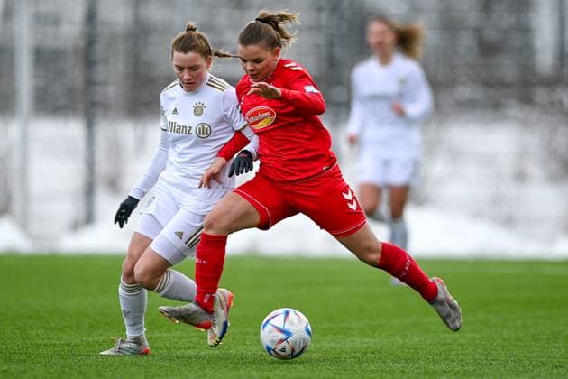 v li Sarah Ernst FCB, 13 Antonia Langshausen Cologne, 2 in duel, duel, tackle, dynamic, action, action, 26 02 2023, Munich Germany , Football,2 Women Bundesliga, FC Bayern Munich II 1 FC Cologne II, DFB DFL REGULATIONS PROHIBIT ANY USE OF PHOTOGRAPHS AS IMAGE SEQUENCES AND OR QUASI VIDEO xslx
