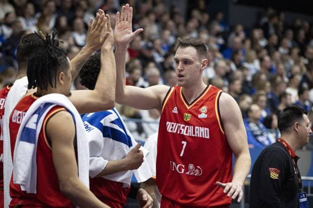 Johannes Voigtmann of Germany celebrates after winning FIBA Basketball World Cup 2023 qualifying match Finland vs. Germany in Espoo, Finland, on February 27, 2023. Espoo Eduskunta Finland LKFTVX20230227203449AQXE  Copyright: xAnttixHämäläinenx LKFTVX20230227203449AQXE