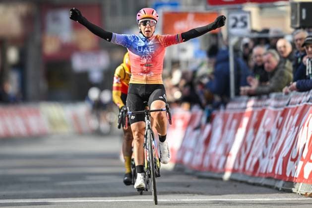 Bilder des Jahres 2023, Sport 02 Februar Sport Themen der Woche KW09 Sport Bilder des Tages Italian Marta Bastianelli of UAE Team ADQ celebrates as she crosses the finish line to win the women elite one day cycling race, the Grand Prix du Samyn, 99km from Quaregnon to Dour, first (out of 10) racr of the Lotto Cycling Cup, Tuesday 28 February 2023, in Dour. ERICxLALMAND  x61026382x