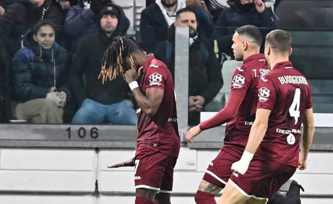 February 28, 2023, Turin: Torino s Yann Karamoh jubilates after scoring the gol (0-1) during the Italian Serie A soccer match Juventus FC vs Torino FC at the Allianz Stadium in Turin, Italy, 28 february 2023 ANSA ALESSANDRO DI MARCO Turin - ZUMAa110 20230228_zaf_a110_021 Copyright: xAlessandroxDixMarcox