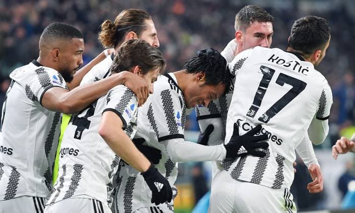 February 28, 2023, Turin: Juventus Juan Cuadrado jubilates after scoring the gol (1-1) during the Italian Serie A soccer match Juventus FC vs Torino FC at the Allianz Stadium in Turin, Italy, 28 february 2023 ANSA ALESSANDRO DI MARCO Serie A: Juventus-Torino  - ZUMAa110 20230228_zaf_a110_026 Copyright: xAlessandroxxxxxxxxDixMarcox