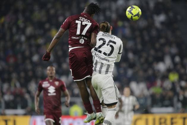 February 28, 2023, Turin, Italy: Stephane Singo of Torino FC and Adrien Rabiot of Juventus during the Italian Serie A, football match between Juventus Fc and Torino Fc, on 28 February 2023 at Allianz Stadium, Turin, Italy. Photo Ndrerim Kaceli. italian soccer Serie A match - Juventus FC vs Torino FC, Turin, Italy  - ZUMAl164 20230228_zsa_l164_111 Copyright: xNderimxKacelix