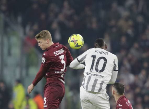 February 28, 2023, Turin, Italy: Perr Schuurs of Torino FC and Paul Pogba of Juventus during the Italian Serie A, football match between Juventus Fc and Torino Fc, on 28 February 2023 at Allianz Stadium, Turin, Italy. Photo Ndrerim Kaceli. italian soccer Serie A match - Juventus FC vs Torino FC, Turin, Italy  - ZUMAl164 20230228_zsa_l164_117 Copyright: xNderimxKacelix