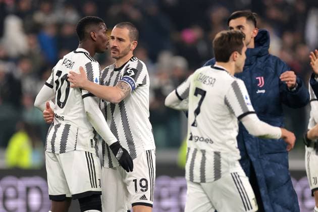 Turin, Italy, 28th February 2023. Leonardo Bonucci of Juventus embraces team mate Paul Pogba following the final whistle of the Serie A match at Allianz Stadium, Turin. Picture credit should read: Jonathan Moscrop Sportimage EDITORIAL USE ONLY. No use with unauthorised audio, video, data, fixture lists, club league logos or live services. Online in-match use limited to 120 images, no video emulation. No use in betting, games or single club league player publications. SPI-2237-0066