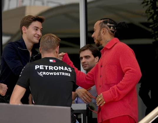 Formula 1 Gulf Air Bahrain Grand Prix 2023 02 03 2023, Bahrain International Circuit, Sakhir, Formula 1 Gulf Air Bahrain Grand Prix 2023 ,in picture George Russell GBR , Mercedes AMG Petronas Formula One Team, Lewis Hamilton GBR , Mercedes AMG Petronas Formula One Team, Mercedes test driver Mick Schumacher DEU , Jerome d Ambrosio nordphotoxGmbHx xBratic nph00250