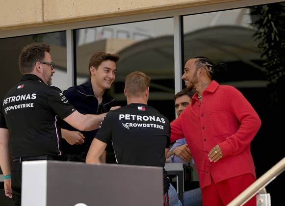 Formula 1 Gulf Air Bahrain Grand Prix 2023 02 03 2023, Bahrain International Circuit, Sakhir, Formula 1 Gulf Air Bahrain Grand Prix 2023 ,in picture George Russell GBR , Mercedes AMG Petronas Formula One Team, Lewis Hamilton GBR , Mercedes AMG Petronas Formula One Team, Mercedes test driver Mick Schumacher DEU , Jerome d Ambrosio nordphotoxGmbHx xBratic nph00250