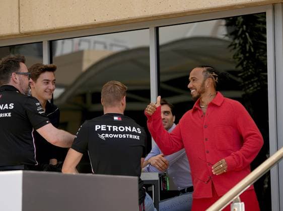 Formula 1 Gulf Air Bahrain Grand Prix 2023 02 03 2023, Bahrain International Circuit, Sakhir, Formula 1 Gulf Air Bahrain Grand Prix 2023 ,in picture George Russell GBR , Mercedes AMG Petronas Formula One Team, Lewis Hamilton GBR , Mercedes AMG Petronas Formula One Team, Mercedes test driver Mick Schumacher DEU , Jerome d Ambrosio nordphotoxGmbHx xBratic nph00250