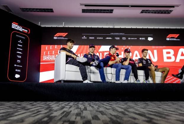 BAHRAIN - Pierre Gasly (Alpine), Max Verstappen (Red Bull Racing), Charles Leclerc (Ferrari), Zhou Guanyu (Alfa Romeo) and George Russell (Mercedes) during the press conference, PK, Pressekonferenz at the Bahrain International Circuit in the Sakhir desert region ahead of the Grand Bahrain price. ANP SEM VAN DER WAL xVIxANPxSportx xxANPxIVx 463993160 originalFilename: 463993160.jpg