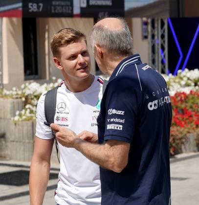Formula 1 Gulf Air Bahrain Grand Prix 2023 03 03 2023, Bahrain International Circuit, Sakhir, Formula 1 Gulf Air Bahrain Grand Prix 2023 ,in the picture Mercedes test driver Mick Schumacher DEU with team boss Franz Tost Scudedria Alpha Tauri nordphotoxGmbHx xBratic nph00250