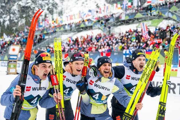 Sport Themen der Woche KW09 Sport Bilder des Tages 230303 Bronze medalists Albert Kuchler, Janosch Brugger, Jonas Dobler and Friedrich Moch of Germany celebrate after the Men s Cross Country Skiing 4 x 10km Relay during the FIS Nordic Ski World Championships on March 3, 2023 in Planica. Photo: Petter Arvidson BILDBYRAN kod PA PA0531 skidor cross-country skiing langrenn skid-vm 2023 fis nordic ski world championships bbeng fis nordic world ski championships vm ski-vm day 10 mens 4 x 10 km relay stafett germany tyskland jubel *** 230303 Bronze medalists Albert Kuchler, Janosch Brugger, Jonas Dobler and Friedrich Moch of Germany celebrate after the Men s Cross Country Skiing 4 x 10km Relay during the FIS Nordic Ski World Championships on March 3, 2023 in Planica Photo Petter Arvidson BILDBYRAN kod PA PA0531 skidor cross country skiing langrenn skid vm 2023 fis nordic ski world championships bbeng fis nordic world ski championships vm ski vm day 10 mens 4 x 10 km relay stafett germany tyskland jubel,  Copyright: PETTERxARVIDSON BB230303PA097