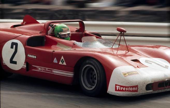 Henri Pescarolo steuert den Alfa Romeo T33 3 im 1000km-Rennen von Spa 1971 zum Klassensieg bei den Prototpen bis 3,0 und zu Rang 3 im Gesamtklassement hinter 2 Porsche 917K *** Henri Pescarolo drives the Alfa Romeo T33 3 in the 1000km race of Spa 1971 to the class victory with the Prototpen to 3,0 and to place 3 in the general classification behind 2 Porsche 917K