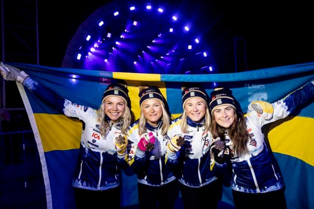 KRANJSKA GORA 20230303 Swedens bronze medal team in the 4x5 km relay Emma Ribom, Frida Karlsson, Maja Dahlqvist and Ebba Andersson in connection with the medal ceremony at the ski WC in Planica, Slovenia KRANJSKA GORA Slovenia skiing x10430x,  Copyright: xChristinexOlsson TTx SKID-VM 2023
