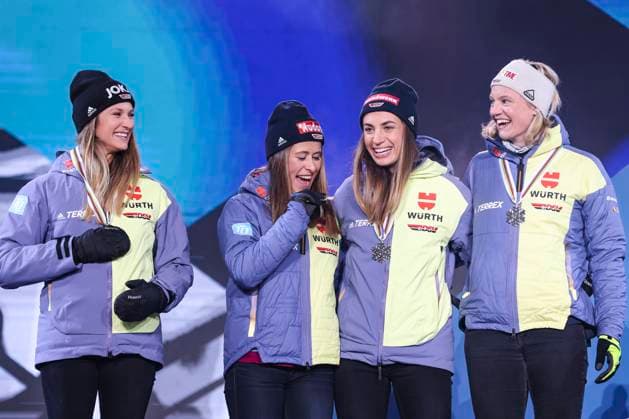 NORDIC SKIING - FIS Nordic WC Planica 2023 KRANJSKA GORA,SLOVENIA,03.MAR.23 - NORDIC SKIING, CROSS COUNTRY SKIING - FIS Nordic World Ski Championships, 4x5km relay, ladies, medal plaza, award ceremony. Image shows the rejoicing of the german team. Keywords: medal.  GEPAxpictures xPatrickxSteiner
