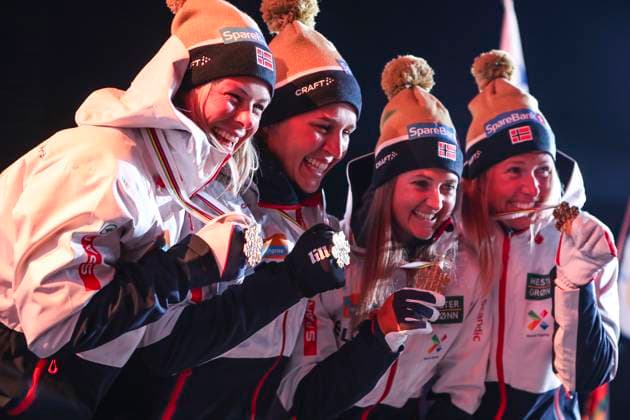 NORDIC SKIING - FIS Nordic WC Planica 2023 KRANJSKA GORA,SLOVENIA,03.MAR.23 - NORDIC SKIING, CROSS COUNTRY SKIING - FIS Nordic World Ski Championships, 4x5km relay, ladies, medal plaza, award ceremony. Image shows the norwegian team. Keywords: medal.  GEPAxpictures xPatrickxSteiner