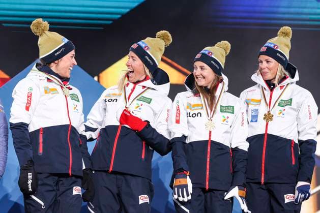 NORDIC SKIING - FIS Nordic WC Planica 2023 KRANJSKA GORA,SLOVENIA,03.MAR.23 - NORDIC SKIING, CROSS COUNTRY SKIING - FIS Nordic World Ski Championships, 4x5km relay, ladies, medal plaza, award ceremony. Image shows the norwegian team. Keywords: medal.  GEPAxpictures xPatrickxSteiner
