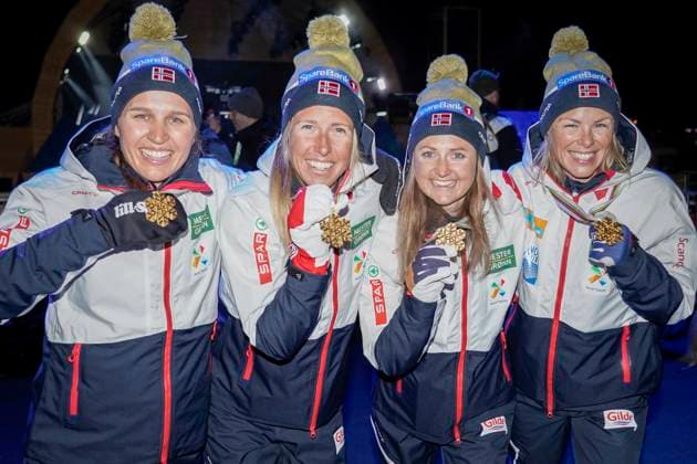 Ski WC 2023 medal ceremony Planica, Slovenia 20230303 Tiril Udnes Weng, Astrid oyre Slind, Ragnhild Flugstad ostberg and Anne Kjersti Kalva with the gold medals after winning the womens relay during the Ski WC 2023 in Planica, Slovenia Photo Heiko Junge NTB Photo Heiko Junge NTB Planica Slovenia EDITORIAL USE ONLY RESTRICTED USE FOR BETTING COMPANIES  Copyright: xHeikoxJungex xNTBx