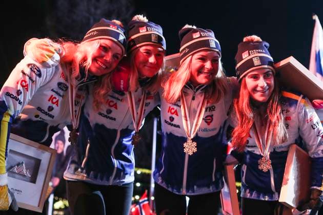 NORDIC SKIING - FIS Nordic WC Planica 2023 KRANJSKA GORA,SLOVENIA,03.MAR.23 - NORDIC SKIING, CROSS COUNTRY SKIING - FIS Nordic World Ski Championships, 4x5km relay, ladies, medal plaza, award ceremony. Image shows he swedish team. Keywords: medal.  GEPAxpictures xPatrickxSteiner